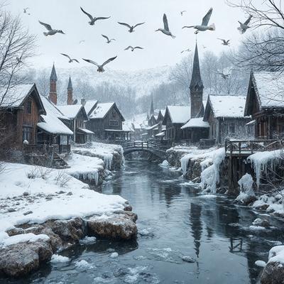 The primary subject of the image is a small village with snow-covered rooftops and a frozen river running through it. The setting is a winter landscape with snow-covered houses and a bridge over the frozen river. The visual style is a black and white photo, which adds a nostalgic and timeless feel to the scene. The colors and mood are predominantly dark and cold, with the snow and frozen river creating a serene and quiet atmosphere.